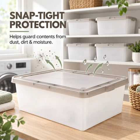 Crushing Clutter Game Changer Heavy Duty Plastic Storage Totes With Secure Snap On Lids 6 Pack showing snap-tight protection for moisture.