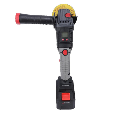 Heavy Duty 21V Cordless Angle Grinder With Brushless Motor and Rocking Head Runs Smooth As Silk Cutting Through Metal And Wood Reaches 9000 Rpm With Three Speed Settings To Knock Out Any Tough Job On Site - front view of cordless grinder with guard.