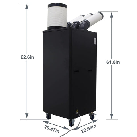 Heavy Duty Industrial Portable Air Conditioner 22500 BTU Mobile Spot Chiller with column outlet, dimensions 62.6in x 20.47in.