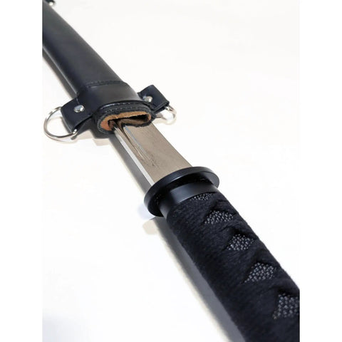 Close-up of 30.5 Inch Full Tang Wakizashi Samurai Sword With 65Mn Spring Steel Blade, faux leather wrapped scabbard and ergonomic handle