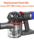 Clear Dust Bin Replacement For Dyson V7 V8 Cordless Vacuum Cleaners attached to vacuum, showcasing easy fix design