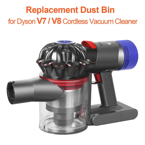 Clear Dust Bin Replacement For Dyson V7 V8 Cordless Vacuum Cleaners attached to vacuum, showcasing easy fix design