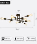 Black Semi Flush Mount Ceiling Light Fixture With 9 Lights, Modern Metal Chandelier size details with bulbs visible