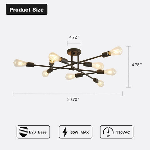 Black Semi Flush Mount Ceiling Light Fixture With 9 Lights, Modern Metal Chandelier size details with bulbs visible