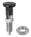 Built Tough M12x1.5 Push Fit Ball Nose Spring Plunger Stainless Steel Self Locking Retractable Index Plunger 6mm Pin close-up view with nut.