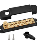 Heavy Duty 150 Amp Power Distribution Bus Bar With 1/4 Inch Stud And Solid Brass Core showing brass terminals and black cover.