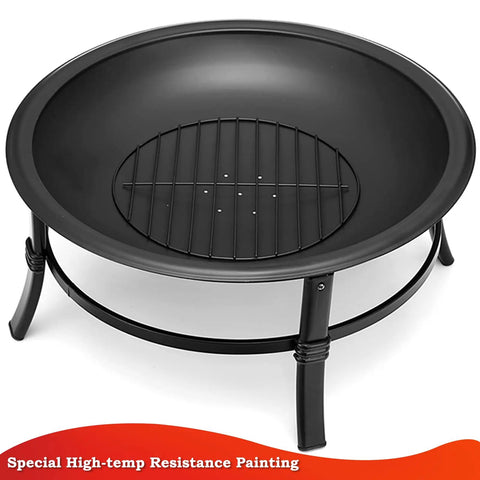26 Inch Outdoor Wood Burning Fire Pit Heavy Duty Steel Bonfire Bowl with Log Grate for Patio and Camping