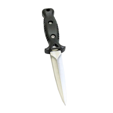 Titanium Talon Spearfishing Dive Knife 8.5 Inch Black Blade With Low Volume Point Tip Full Tang Stainless Steel Straps Included Saltwater Ready Rugged Beefy Precision Safety Tool on white background
