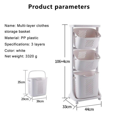 Multi Layer Laundry Basket With Wheels, Durable Plastic Clothes Organizer For Bathroom And Kitchen Storage, three layers shown