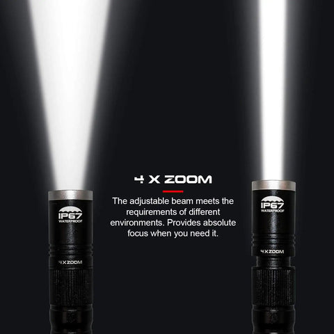 Rechargeable LED Pen Light Flashlight With 300 Lumens, IP67 Waterproof, Pocket Clip, 4 Zoomable Focus Levels And 3 Modes showcasing beam focus