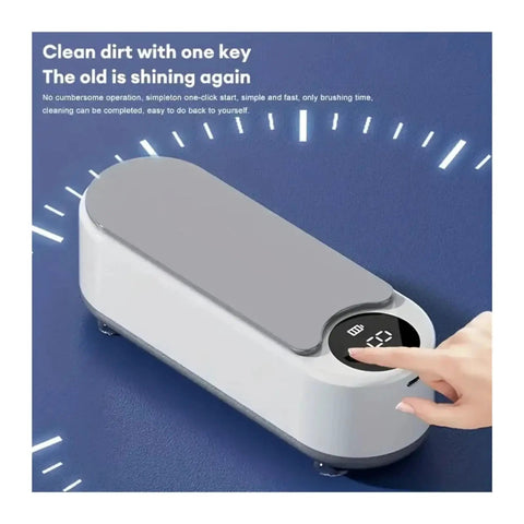 Portable Ultrasonic Cleaner With 360 Rotating Wash For Watches Jewelry And Dental Gear Compact Glovebox Friendly Build, showing a gray and white device.