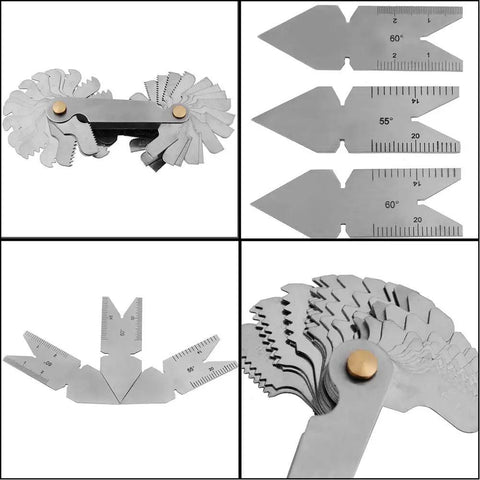 52 Leaf Thread Pitch Gauge Set With 60 Degree And 55 Degree Center Gauges showing stainless steel leaves and gauges