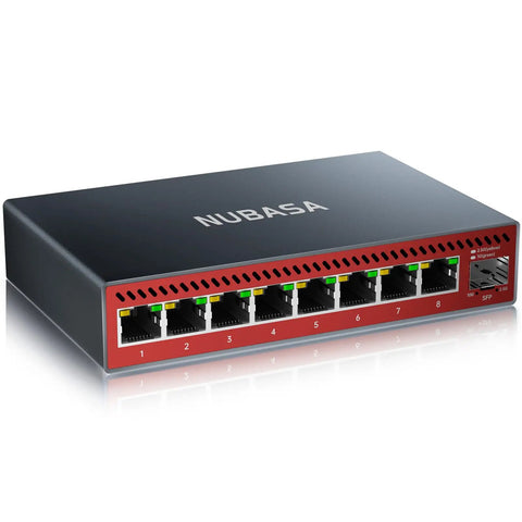 8 Port 2.5Gb Ethernet Switch With 10Gb SFP Uplink, black housing, front view showing ports, designed for NAS, gaming, and PC