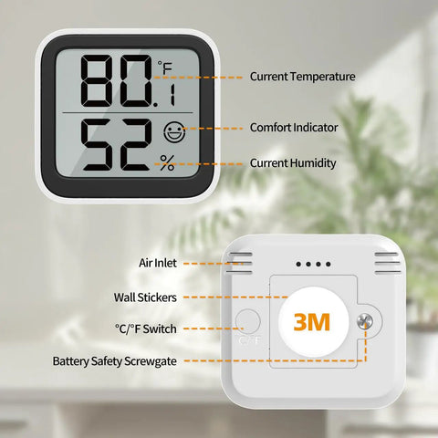 Must Have Indoor Thermometer Humidity Meter With Mini Hygrometer, Easy Room Temperature Monitor With Face Comfort Indicator, Celsius Fahrenheit Switch, Ideal For Baby Rooms, Greenhouses, Offices, And Living Rooms. Digital wall thermometer hygrometer, 46x50x12mm, white plastic, front and back view