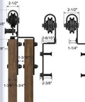 Diagram of 7.5 Foot Bypass Sliding Barn Door Hardware Kit For Low Ceiling With Overlapping Tracks, showing dimensions and components.