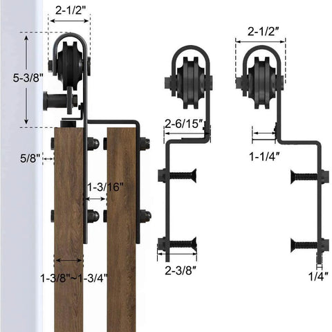 Diagram of 7.5 Foot Bypass Sliding Barn Door Hardware Kit For Low Ceiling With Overlapping Tracks, showing dimensions and components.