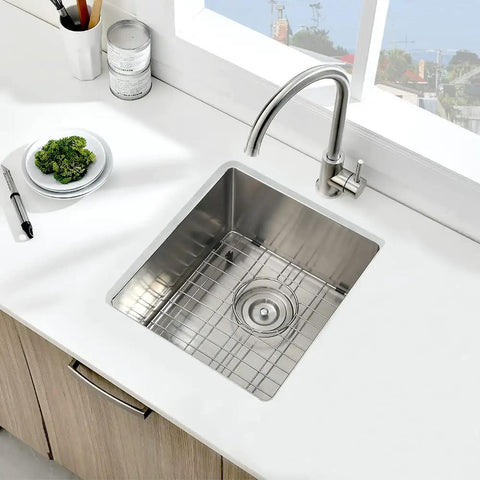 Stainless Steel Undermount Bar Sink 15x17 Inch Small Wet Bar with grid, 16 Gauge SUS304 Brushed Nickel Finish, Single Bowl, installed in counter
