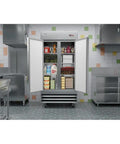 Straight Up Heavy Duty Commercial Two Door Refrigerator 35 Cubic Feet Stainless Steel interior loaded with beverages and perishables.