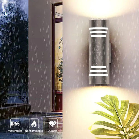 2 Pack Outdoor Wall Sconce Lights With Up And Down LED Cylinder Design, 304 Stainless Steel Waterproof Exterior Porch Lighting on wall in rain