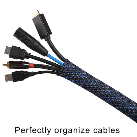 Expandable One Half Inch Cable Management Sleeve Protector One Hundred Foot PET Braided Wire Loom For Office TV Computer Home Theater Engine Bay Cord Organizer Protects Cables From Pet Chewing Cats And Dogs Black