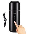 On The Go Electric Travel Mug With Fast Heating Element And Built In Magnetic Stirrer To Keep Your Daily Espresso Or Smooth Matcha Straight Up Hot All Day, black design with buttons and charging cord.