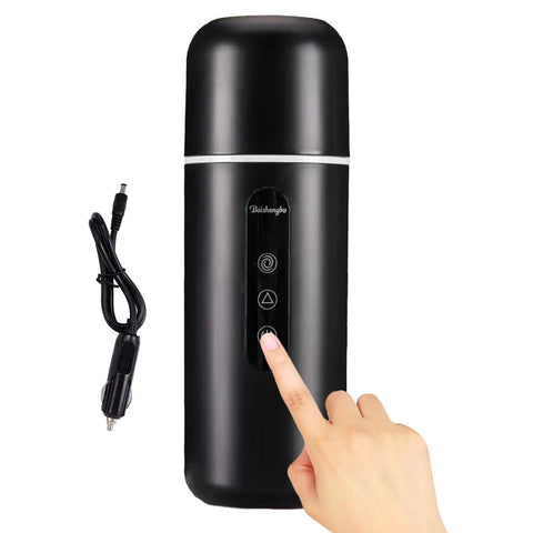 On The Go Electric Travel Mug With Fast Heating Element And Built In Magnetic Stirrer To Keep Your Daily Espresso Or Smooth Matcha Straight Up Hot All Day, black design with buttons and charging cord.