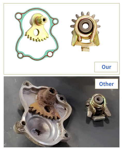 Front view of ANODZU gearshift fan gear set with teal gasket and gold gear; Our part beside old rusty OEM gear (Other)
