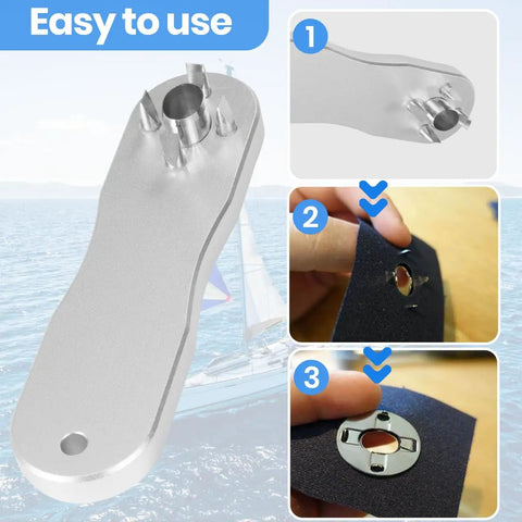 Hammer Activated Hole Punch Tool For Boat Bimini Covers And Canvas Awnings, Extended Handle Fastener Cutter in use