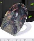 Upgrade Your Restroom With This Smooth Quick Release Round Wooden Toilet Seat Featuring A Fresh Drip Art Print And Ultra Comfy Cushioned Seating For Daily Chill Sessions. Round wooden toilet seat with deer design and leaves.