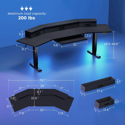 Diagram of 79 Inch Electric Standing Gaming Desk With Drawers And LED Lights highlighting dimensions and features.