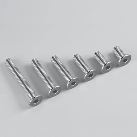 Six stainless steel flat-head socket cap screws, 1/4-20, 1-1/4 in length, full thread