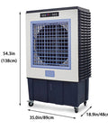 Portable Evaporative Swamp Cooler With Three Speed Fan And High Velocity Outdoor Cooling Pad, dark blue unit dimensions 54.3x35.0x18.9in.