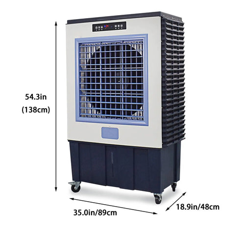 Portable Evaporative Swamp Cooler With Three Speed Fan And High Velocity Outdoor Cooling Pad, dark blue unit dimensions 54.3x35.0x18.9in.