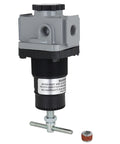 Relieving 1/4 Inch NPT Air Regulator With 250 Psi Max And 50 CFM At 100 Psi 40 To 120 F Operating Range Made In USA Heavy-Duty High-Flow Regulator For Air Tools And Pneumatic Systems with grey and black body and t-handle