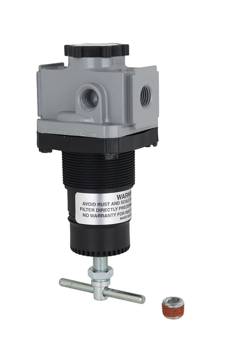 Relieving 1/4 Inch NPT Air Regulator With 250 Psi Max And 50 CFM At 100 Psi 40 To 120 F Operating Range Made In USA Heavy-Duty High-Flow Regulator For Air Tools And Pneumatic Systems with grey and black body and t-handle