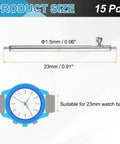 Premium 15 Pack Quick Release Spring Bars 23mm Length 1.5mm Diameter 304 Stainless Steel Watch Pins with size details and usage.