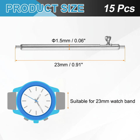 Premium 15 Pack Quick Release Spring Bars 23mm Length 1.5mm Diameter 304 Stainless Steel Watch Pins with size details and usage.