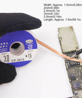 Premium Copper Solder Wick Set 1.5mm To 3.5mm Width Desoldering Braid Wire in use on PCB for electronics maintenance