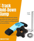 Two Pack Mini T Track Hold Down Clamps For Universal T Slot Systems, 3-5/8 Inch Long By 3/4 Inch Wide, Includes 5/16-18 Bolts, Washers, And 5 Star Knobs, Built For Router Tables, Jigs, Workbenches, And Woodworking Projects, shown with 3-1/2 inch T bolt and washer.