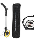 Distance Measuring Wheel Ergonomic Folding Design with Digital Display alongside a measuring tape and storage bag.