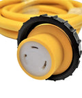 Close-up of yellow Heavy Duty 16 Foot Shore Power Cord 15A Male 5-15P to L5-30R Locking Ring For RV Camper Marine connector.