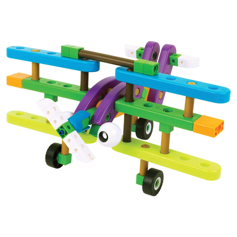 Multicolored biplane model from Hands On Airplane Engineering Kit For Preschoolers Storybook Adventure With Karlie And Ty Omega Build 10 Realistic Vehicle Models Teach STEM Skills And Fine Motor Fun Parents Choice Gold Award Winner.