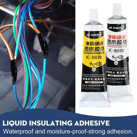 Liquid Electrical Tape For Wires And Cables 2 Pack 50ml Each Black Waterproof Dielectric Sealant For Marine And Home Electrical Equipment Easy To Apply Insulation And Sealing To Protect Wiring And Prevent Leaks shown next to insulated wires.
