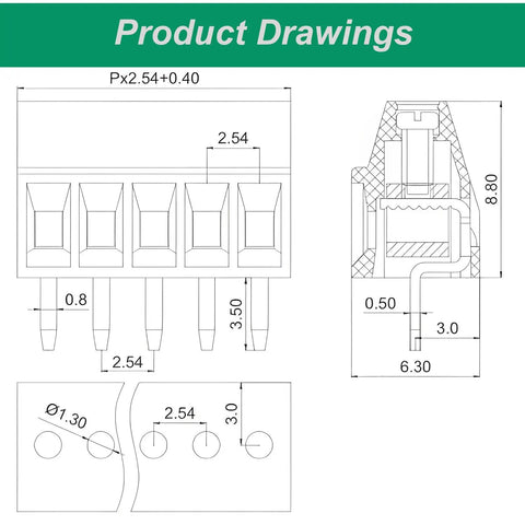 50 Pack 2.54mm Pitch Screw Terminal Block Kit 2P 3P 4P PCB Mount Connectors technical drawing with dimensions