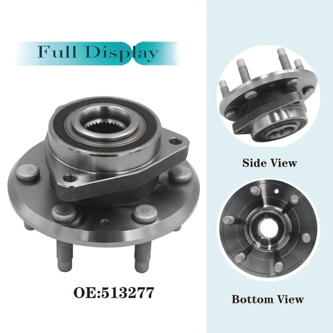 Front And Rear Wheel Bearing And Hub Assembly 6 Lug With ABS Fit For Buick Enclave 2008 2017 Chevrolet Traverse 2009 2017 GMC Acadia 2007 2016 Saturn Outlook 2007 2010 OE Grade Replacement, shown in side and bottom views.