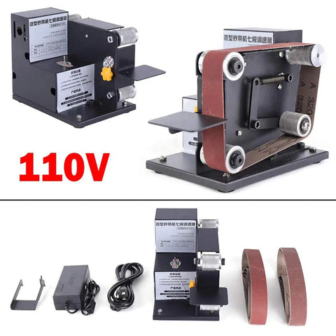 Heavy Duty Mini Bench Belt Sander delivers slick seven speed precision with adjustable platform and ten sanding belts.