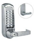 Heavy Duty Mechanical Gate Lock Kit with Slick Brushed Finish and Easy Keyless Entry Access Code for Metal Gates close-up of keypad mechanism.
