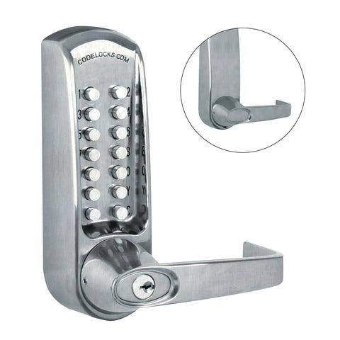 Heavy Duty Mechanical Gate Lock Kit with Slick Brushed Finish and Easy Keyless Entry Access Code for Metal Gates close-up of keypad mechanism.