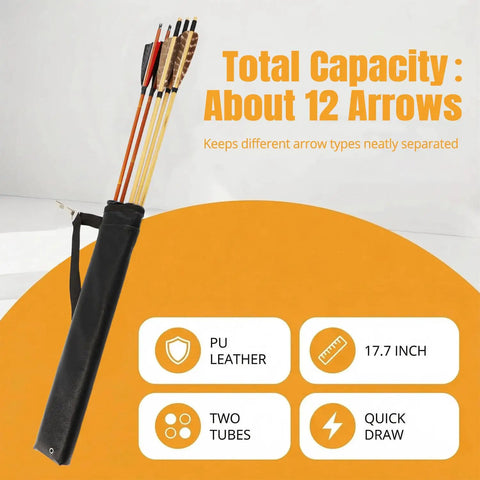 Hip Two-Tube Archery Quiver With Belt Clip showcasing PU leather exterior and arrow capacity in graphic design