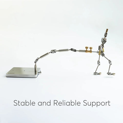 Stainless Steel Stop Motion Rig Arm With Five Flexible Joints For Smooth Animated Shots CNC Machined Armature Support Tool For Hobbyists And Studios Pro Grade Rig Holds Up To 280g mounted on base with articulated pose